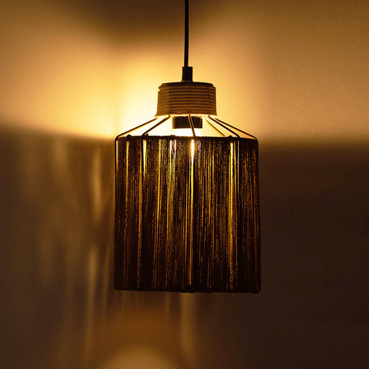 'Jute Splendours' Handwoven Cylindrical Hanging Pendant Lamp In Jute & Iron (27.9 cm)