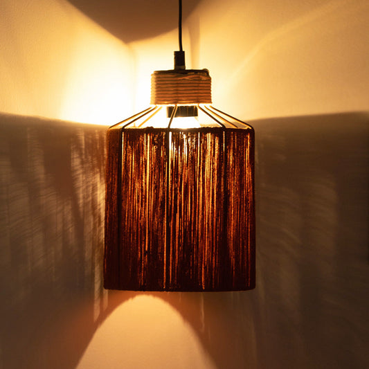 'Jute Miracles' Handwoven Cylindrical Hanging Pendant Lamp In Jute & Iron (27.9 cm)
