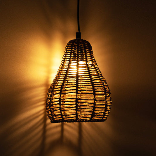 'Rope Paradise' Handwoven Conical Hanging Pendant Lamp In Band Rope & Iron (25.4 cm)
