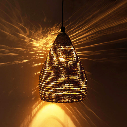 'Blazing Rope' Handwoven Conical Hanging Pendant Lamp In Band Rope & Iron (25.4 cm)