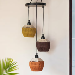 Jute Flares' Handwoven Adjustable Chandelier With Hanging Lamp Shades In Jute & Iron (3 Shades | 55.9 cm)