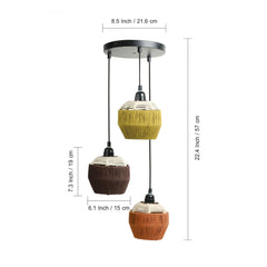 Jute Flares' Handwoven Adjustable Chandelier With Hanging Lamp Shades In Jute & Iron (3 Shades | 55.9 cm)