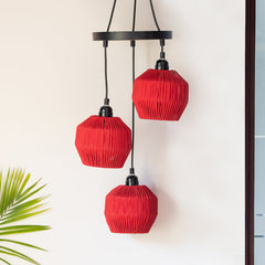 Cotton Lustres' Handwoven Adjustable Chandelier With Hanging Lamp Shades In Cotton Rope & Iron (3 Shades | 55.9 cm)
