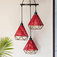 Cotton Elegance' Handwoven Adjustable Chandelier With Hanging Lamp Shades In Cotton Rope & Iron (3 Shades | 71.1 cm)