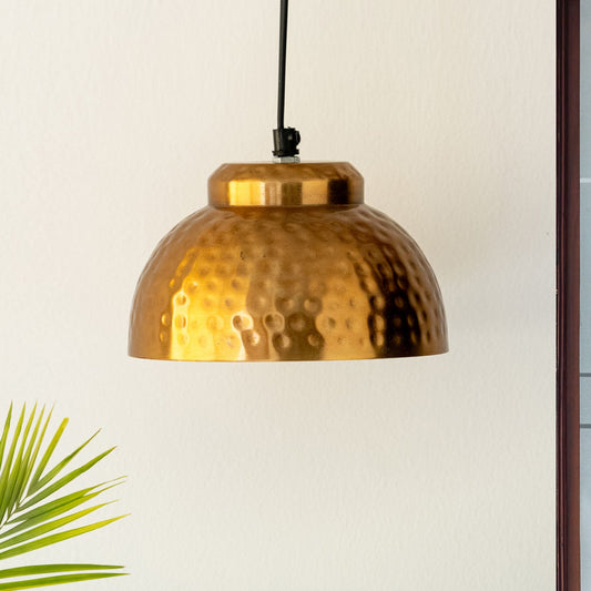 'Modern Hammered Dome' Handcrafted Hanging Pendant Lamp Shade In Iron (18 cm, Semi-Spherical, Golden)