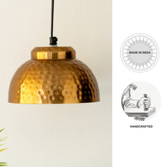 'Modern Hammered Dome' Handcrafted Hanging Pendant Lamp Shade In Iron (18 cm, Semi-Spherical, Golden)
