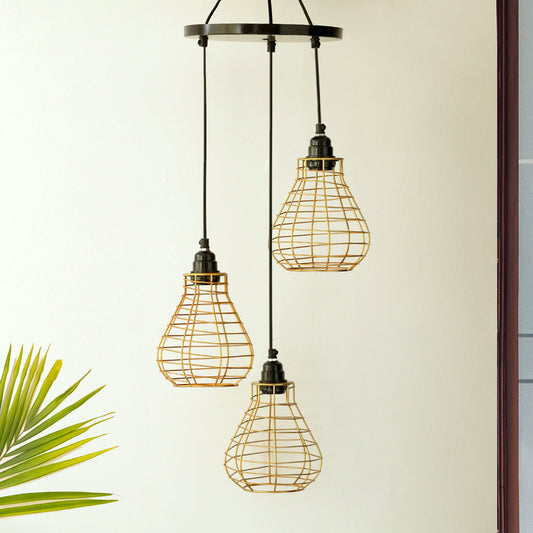 'Bird Nest' Handcrafted Chandelier With Hanging Lamp Shades In Iron (3 Shades, 74.9 cm, Golden)