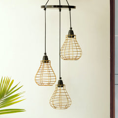 'Bird Nest' Handcrafted Chandelier With Hanging Lamp Shades In Iron (3 Shades, 74.9 cm, Golden)