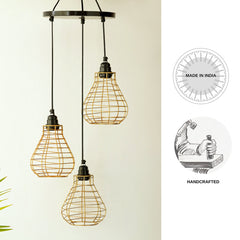 'Bird Nest' Handcrafted Chandelier With Hanging Lamp Shades In Iron (3 Shades, 74.9 cm, Golden)