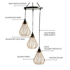 'Bird Nest' Handcrafted Chandelier With Hanging Lamp Shades In Iron (3 Shades, 74.9 cm, Golden)