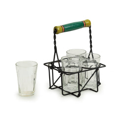 'The Railway Nostalgia' Cutting Chai Tea Glasses Set With Holder (Set of 4, 120 ml)