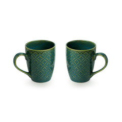 'Moroccan Turqouise' Hand Glazed & Embossed Coffee Mugs In Ceramic (Set Of 2, 300 ML, Microwave Safe)