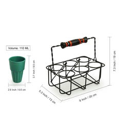 'Pastel Punch' Cutting Chai Ceramic Tea Glasses Set With Iron Holder (Set of 6, 110 ML)