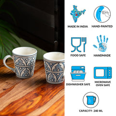 Arabian Nights' Hand-Painted Ceramic Tea & Coffee Mugs (Set of 2 | 240 ML | Microwave Safe)