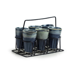 'Buzzing Blues' Tea Chai Glasses In Stoneware With Iron Holder (Set of 6)