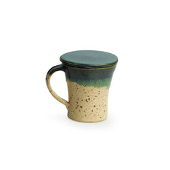 'Morning Sips' Handcrafted Studio Pottery Green Tea Filter Mug (Handcrafted, Studio Pottery, Turquoise Blue & Creamish White)