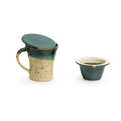 'Morning Sips' Handcrafted Studio Pottery Green Tea Filter Mug (Handcrafted, Studio Pottery, Turquoise Blue & Creamish White)