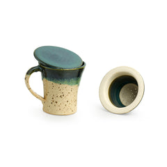 'Morning Sips' Handcrafted Studio Pottery Green Tea Filter Mug (Handcrafted, Studio Pottery, Turquoise Blue & Creamish White)