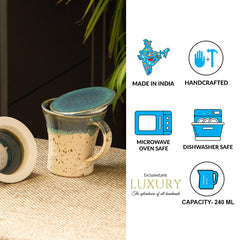 'Morning Sips' Handcrafted Studio Pottery Green Tea Filter Mug (Handcrafted, Studio Pottery, Turquoise Blue & Creamish White)
