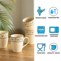 Whispers of Warli Handcrafted Printed Ceramic Tea Cups Coffee Mugs (Set Of 4, 300 ML Each)
