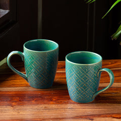 Moroccan Turqouise Handcrafted Printed Ceramic Tea Cups Coffee Mugs (Set Of 4, 300 ML Each)