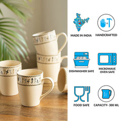 Whispers of Warli Handcrafted Printed Ceramic Tea Cups Coffee Mugs (Set Of 6, 300 ML Each)