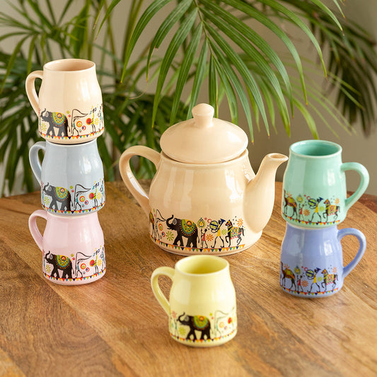 'Elephant Motif' Handcrafted Ceramic Tea Cups & Kettle Set (6 Cups, 1 Kettle)