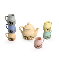 'Elephant Motif' Handcrafted Ceramic Tea Cups & Kettle Set (6 Cups, 1 Kettle)
