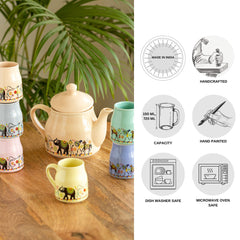 'Elephant Motif' Handcrafted Ceramic Tea Cups & Kettle Set (6 Cups, 1 Kettle)