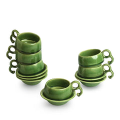 'Jade Forest' Hand Glazed Ceramic Tea Cups & Saucers (Set of 6, 120 ml, Microwave Safe)