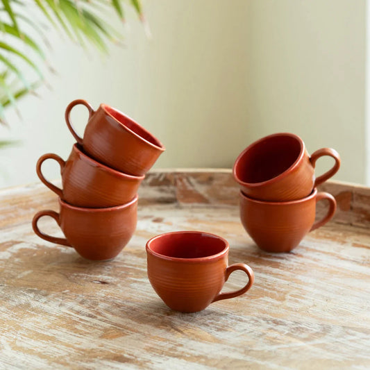'Terra Tones' Hand Glazed Coffee & Tea Cups In Ceramic (Set Of 6, 120 ml, Microwave Safe)