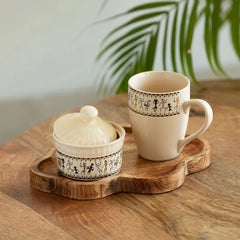 'Art of Warli' Ceramic Tea & Coffee Mug With Nut Bowl & Wooden Tray (300 ml & 160 ml, Handcrafted)