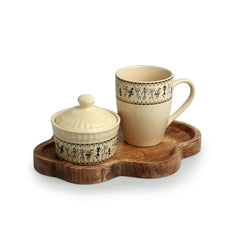 'Art of Warli' Ceramic Tea & Coffee Mug With Nut Bowl & Wooden Tray (300 ml & 160 ml, Handcrafted)