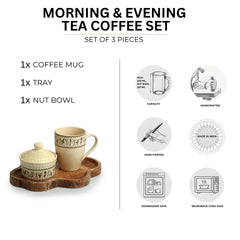 'Art of Warli' Ceramic Tea & Coffee Mug With Nut Bowl & Wooden Tray (300 ml & 160 ml, Handcrafted)