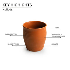'Terra' Handcrafted Ceramic Tea Kullads (Set of 6, 160 ML, Microwave Safe)