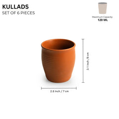 'Terra' Handcrafted Ceramic Tea Kullads (Set of 6, 160 ML, Microwave Safe)