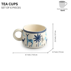'Deer & Floral' Decals Coffee & Tea Cups In Ceramic (Set Of 6, 150 ML, Microwave Safe)