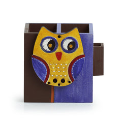 'Owl Motif' Cutlery & Toothpick Holder In Wood (3 Partitions)