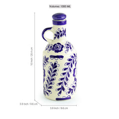 The 'Flowy Flora' Mughal Hand-Painted Ink Blue Decorative Ceramic Oil Bottle (1000 ML)