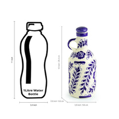 The 'Flowy Flora' Mughal Hand-Painted Ink Blue Decorative Ceramic Oil Bottle (1000 ML)