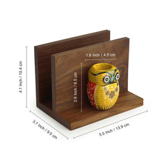 'An Owl's Vibrance' Tissue Toothpick Holder In Sheesham & Gular Wood