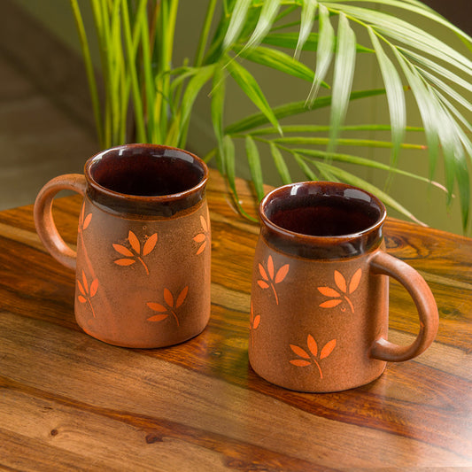 'Leaf Sips' Hand-Painted & Handglazed Studio Pottery Coffee & Tea Mugs In Ceramic (Set of 2)