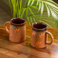 'Leaf Sips' Hand-Painted & Handglazed Studio Pottery Coffee & Tea Mugs In Ceramic (Set of 2)