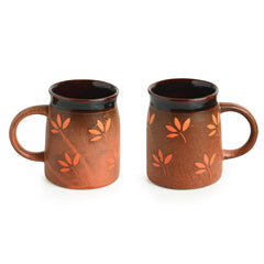 'Leaf Sips' Hand-Painted & Handglazed Studio Pottery Coffee & Tea Mugs In Ceramic (Set of 2)
