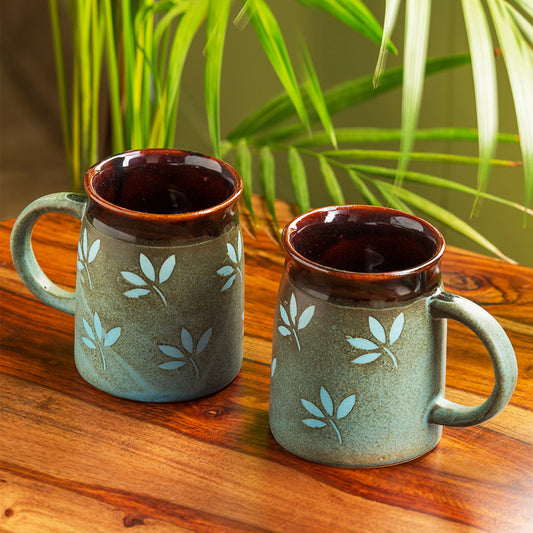'Leaf Sips' Hand-Painted & Handglazed Studio Pottery Coffee & Tea Mugs In Ceramic (Set of 2)