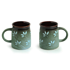 'Leaf Sips' Hand-Painted & Handglazed Studio Pottery Coffee & Tea Mugs In Ceramic (Set of 2)
