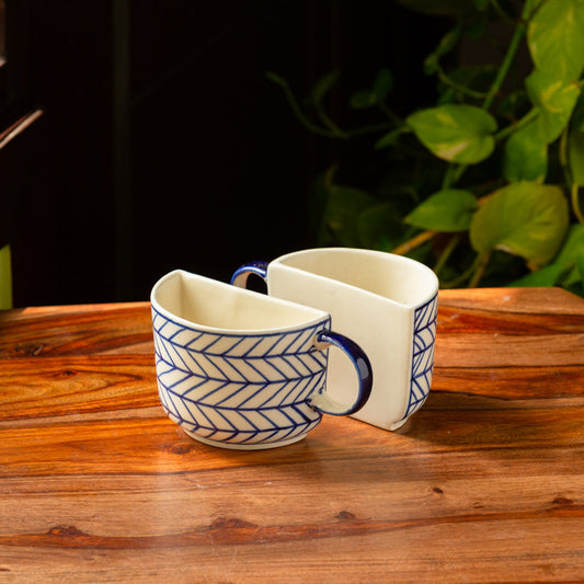'Indigo Chevron' Hand-painted Ceramic Unique Half Cup For Coffee & Tea (Set of 2, 200 ML, Microwave Safe)