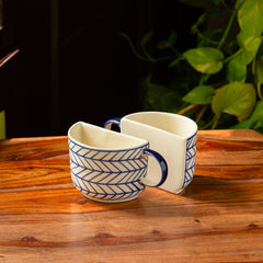 'Indigo Chevron' Hand-painted Ceramic Unique Half Cup For Coffee & Tea (Set of 2, 200 ML, Microwave Safe)