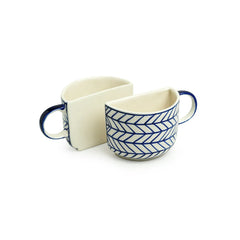 'Indigo Chevron' Hand-painted Ceramic Unique Half Cup For Coffee & Tea (Set of 2, 200 ML, Microwave Safe)