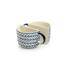 'Indigo Chevron' Hand-painted Ceramic Unique Half Cup For Coffee & Tea (Set of 2, 200 ML, Microwave Safe)